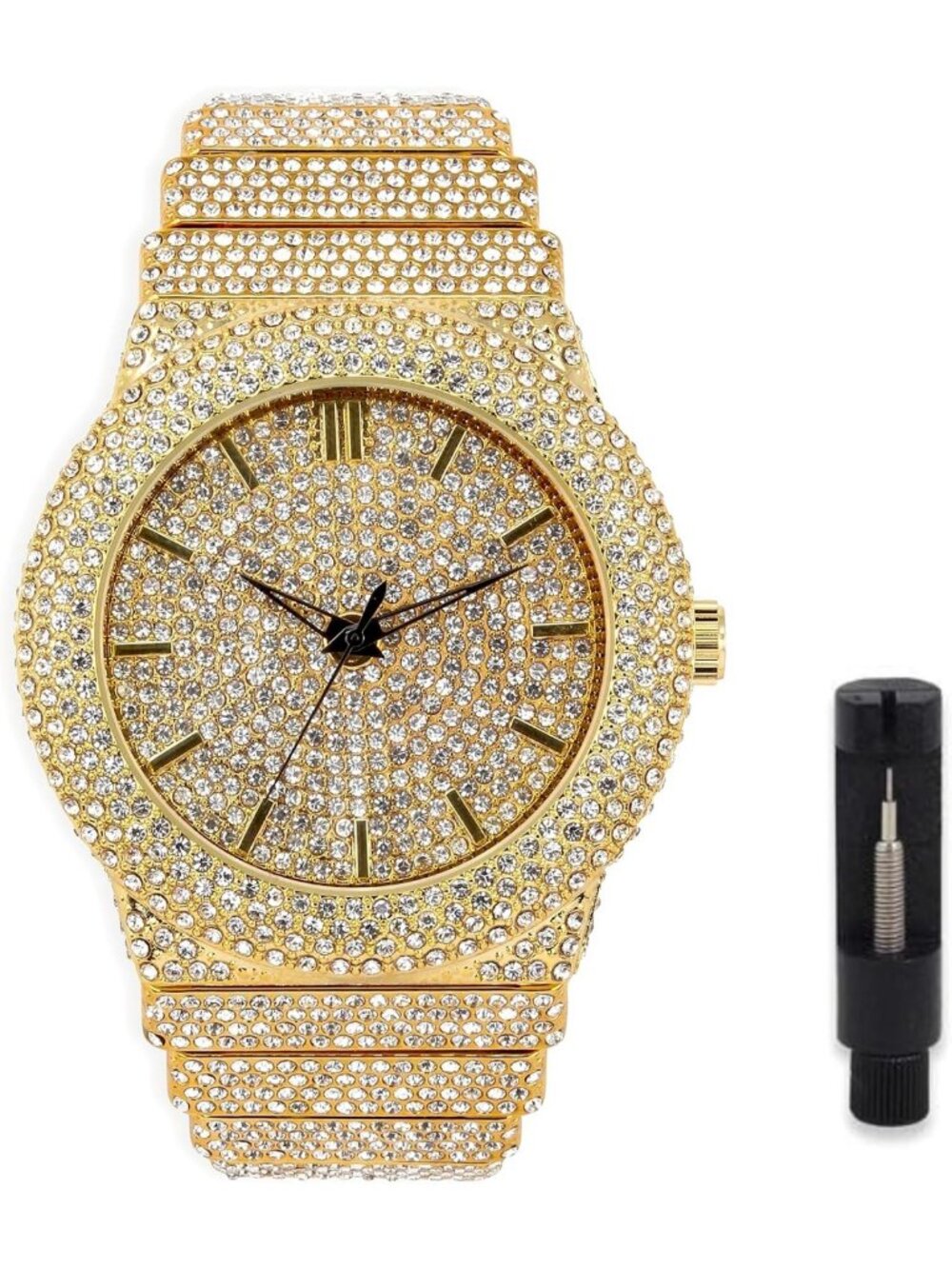 Iced Out Diamond Simulate Quartz Watch for Men with Adjustment Tool - Stylish